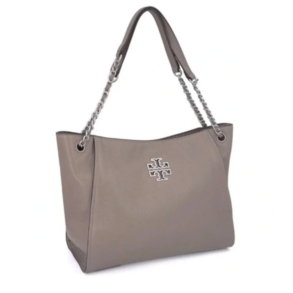 Tory Burch Britten Triple Compartment Tote Bag French Gray Pebbled Leather Chain